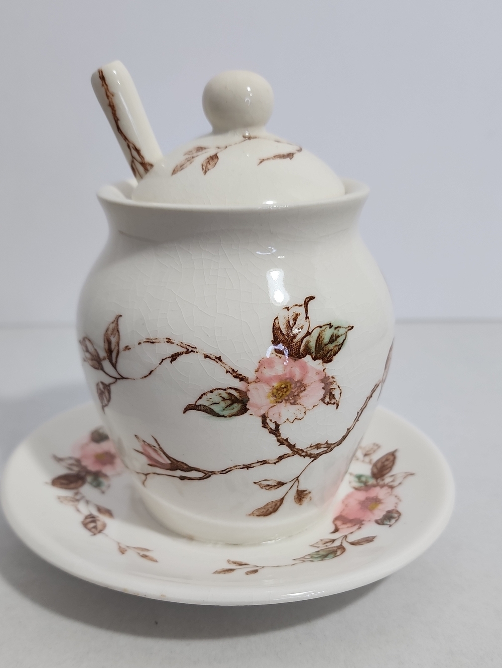 Nasco Springtime Ceramic Jeam Or Jelly Jar - Cream with Floral Accents